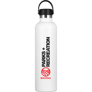 A drink bottle with a sleek white design, featuring a black top and a logo. It holds 1 litre of liquid.