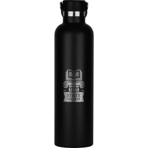 A drink bottle in matte black stainless steel with a silver logo featuring an open book and a column.
