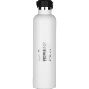A drink bottle in white stainless steel, featuring a black lid and a logo design.