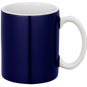 A ceramic mug in navy blue with a white handle and a glossy finish. Features a logo.