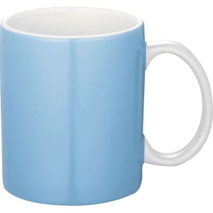A ceramic coffee mug in light blue with a white handle. It features a smooth, glossy finish and a logo.