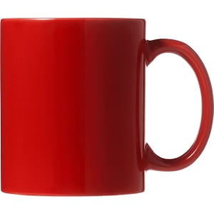 A red ceramic mug with a smooth finish and a comfortable handle, designed for coffee or other beverages.