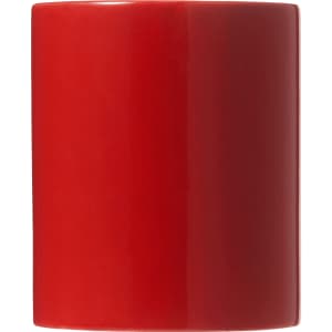 A red ceramic mug with a glossy finish, featuring a smooth, rounded design and a logo.