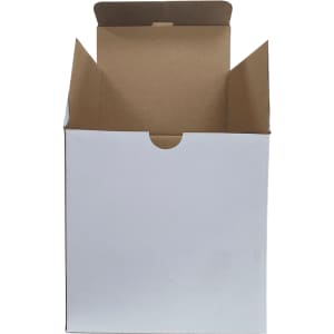 A plain white cardboard box, open at the top, showcasing its empty interior.