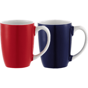 A drinkware set featuring two ceramic mugs, one red and one navy blue, each with a smooth finish and a handle.