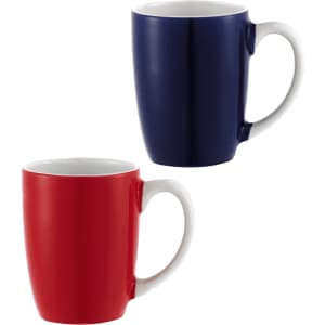 A ceramic mug set featuring a red and a navy blue mug, each with a white interior and a logo.