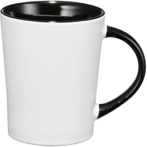 A ceramic mug with a white exterior and a black interior and handle, featuring a smooth design and a logo.