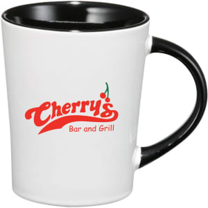 A ceramic mug with a white exterior and black interior, featuring a logo on the front.