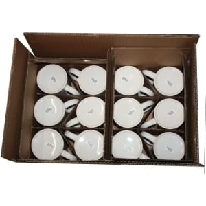 A cardboard box filled with multiple white ceramic mugs, featuring a simple design and a logo.