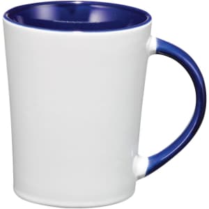 A ceramic mug with a white exterior and a navy blue interior and handle, featuring a logo.