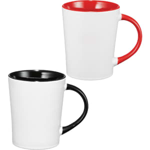 A ceramic mug set featuring two 400ml mugs, one with a red interior and handle, and one with a black interior and handle.