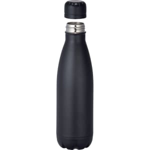 A drink bottle in matte black with a screw-on lid, featuring an insulated design for temperature retention.