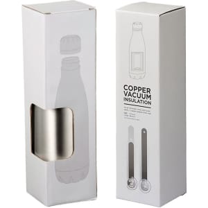 A drink bottle with a sleek stainless steel design, featuring copper vacuum insulation, packaged in a white box.
