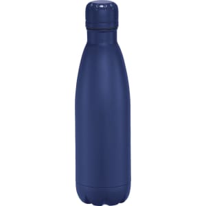 A drink bottle in navy blue, with a sleek design and a logo, featuring vacuum insulation for temperature retention.
