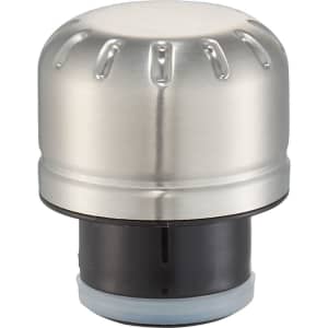 A drink bottle cap in silver and black, designed for a copper vacuum insulated bottle. It features a logo.
