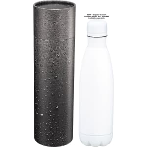 A drink bottle with a sleek white design, accompanied by a textured black container, showcasing water droplets.