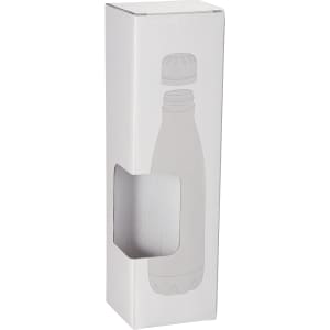 A drink bottle packaging in a white box featuring a graphics illustration of a copper vacuum insulated bottle.