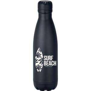 A drink bottle in matte black with a surf design, featuring a logo on the front. Insulated and 500ml capacity.