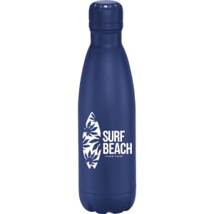 A drink bottle in navy blue with a sleek design and a logo printed on the front.