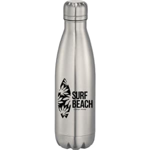 A drink bottle made of stainless steel with a leaf design and the text "SURF BEACH," featuring a silver finish.