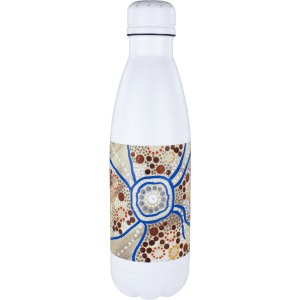 A drink bottle with a white exterior and an artistic, colourful design featuring earthy tones and patterns.