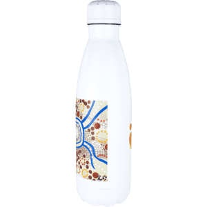A drink bottle featuring a white design with an artistic pattern and a logo. Ideal for beverages.