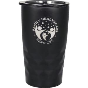 A drink bottle with a matte black finish, featuring a logo and a clear lid. It is a copper vacuum insulated tumbler.