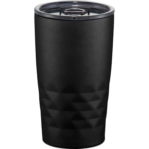 A drink bottle in matte black with a textured design and a silver lid, featuring a logo on the side.
