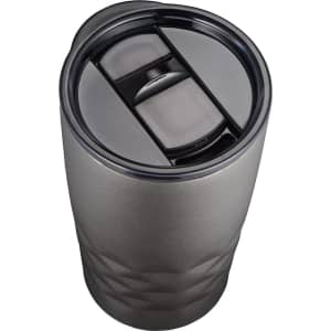 A drink bottle in a sleek copper finish with a black lid and a textured design. It includes a logo on the side.