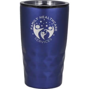 A drink bottle in blue with a textured design and a lid, featuring a logo on the front.