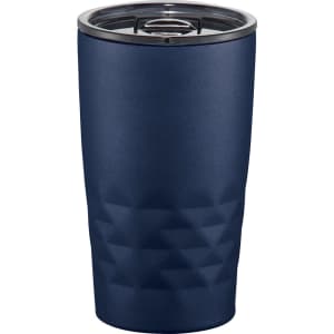 A drink bottle in dark blue, featuring a textured design and a stainless steel cap, with a logo on the side.