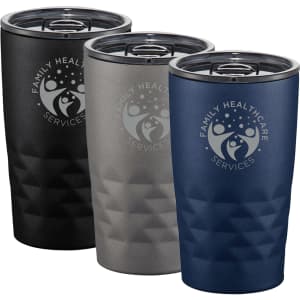 A drink bottle set featuring three coloured tumblers: black, grey, and navy, each with a logo.