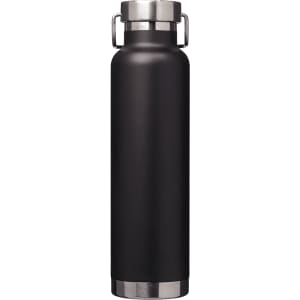A drink bottle in matte black finish with stainless steel accents and a secure lid. Features a logo.