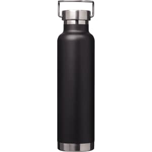 A drink bottle in matte black finish with a stainless steel base and handle. It features a logo.