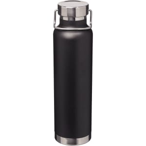 A drink bottle in black with a stainless steel base and lid, featuring a logo. Holds 650ml.