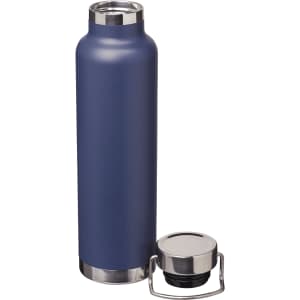 A drink bottle in navy blue with a stainless steel base and a removable lid featuring a handle.