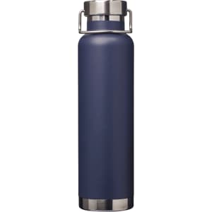 A drink bottle in navy blue with a stainless steel cap and base. It features a logo.
