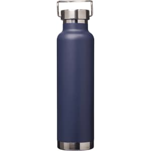 A drink bottle in navy blue with a stainless steel base and a handle on the lid, featuring a logo.