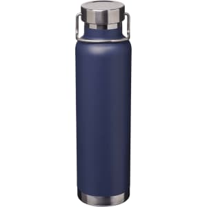 A drink bottle in navy blue with a stainless steel base and cap, featuring a carrying handle.