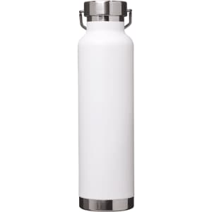 A drink bottle in white with a stainless steel base and a metal lid, featuring a logo. Holds 650ml.