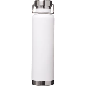 A drink bottle in white with a stainless steel lid and base, featuring a logo on the front.