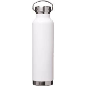 A drink bottle in white with a stainless steel cap and base, featuring a logo on the side.