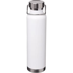 A drink bottle in white with a stainless steel lid and handle, featuring a logo on the surface.