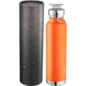 A drink bottle in vibrant orange, with a silver lid, and a textured black protective case. Features a logo.