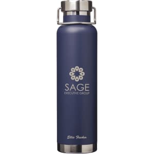 A drink bottle with a navy blue finish, featuring a logo and a stainless steel cap. Holds 650ml.