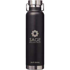 A drink bottle in matte black with a stainless steel lid and a logo, designed for vacuum insulation.