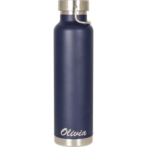 A drink bottle in navy blue with a silver lid and a logo. It has a sleek, insulated design suitable for beverages.