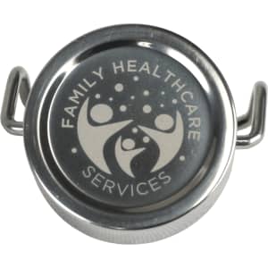 A drink bottle cap with a polished silver finish featuring a logo and two handles on either side.