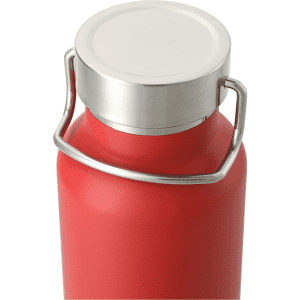 A drink bottle in red with a stainless steel lid and handle, featuring a sleek, vacuum-insulated design.