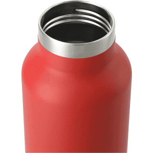 A drink bottle with a sleek red body and a stainless steel rim, featuring a vacuum insulated design.